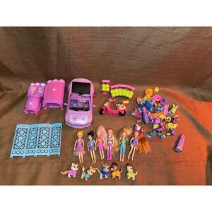 Polly Pocket Lot Dolls, Animals, Car, Furniture, Clothing, Shoes 50+ Pieces